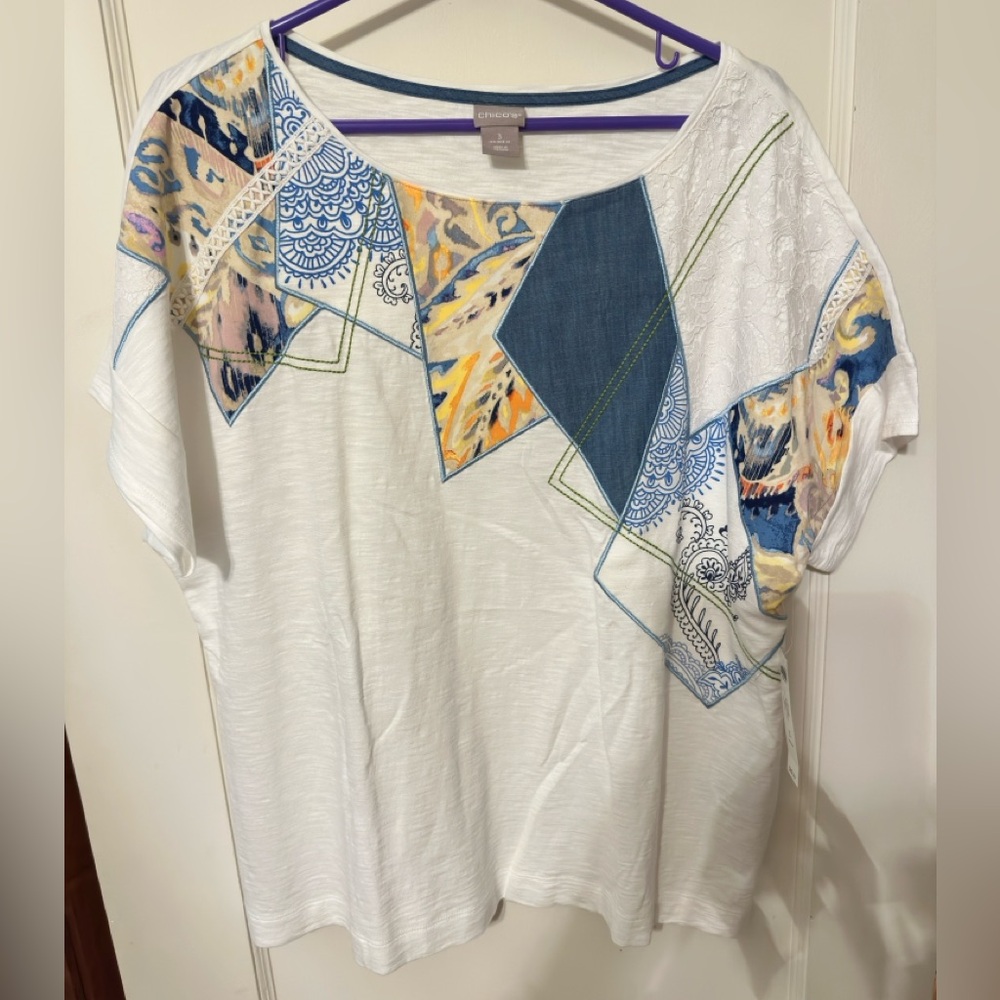 Chico's Multicolor Patchwork Short Sleeve Top